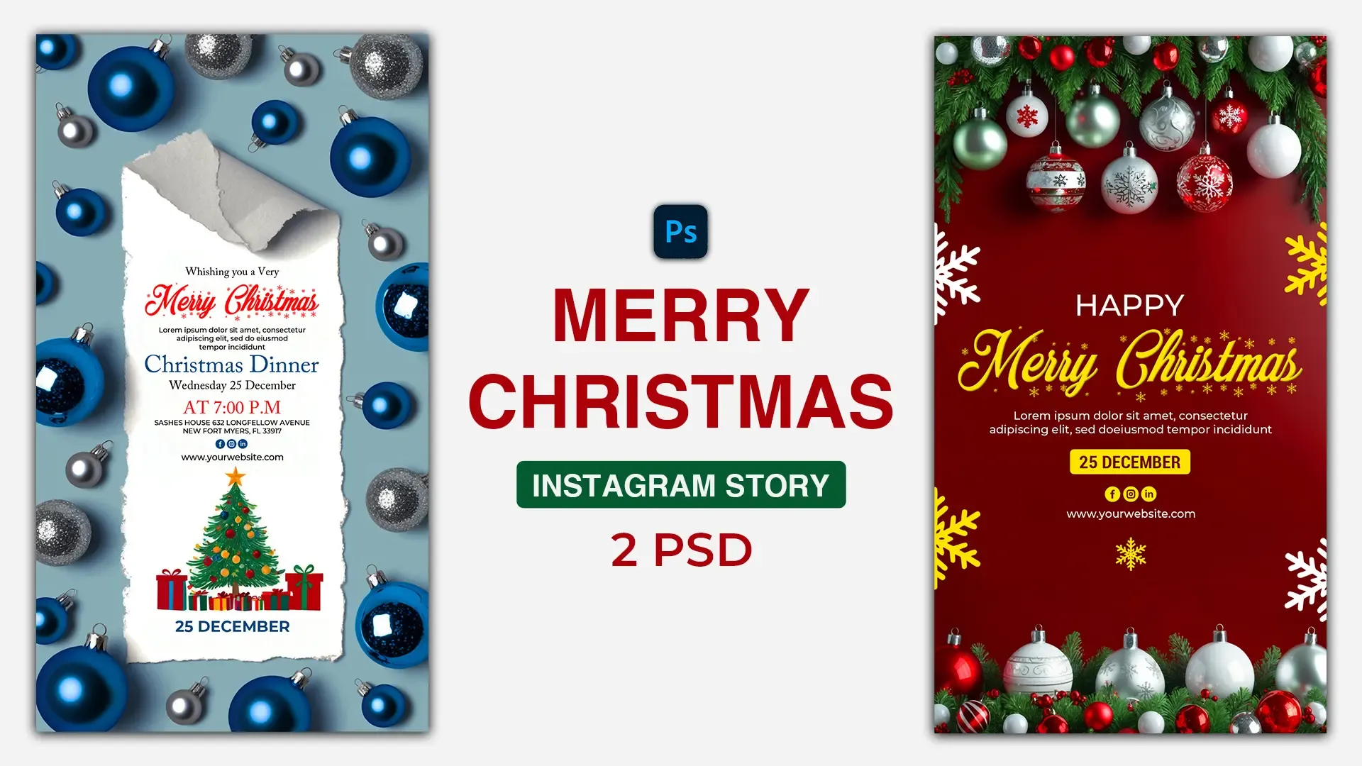 Merry Christmas Card Instagram Story PSD with Blue Ornaments and Christmas Tree image